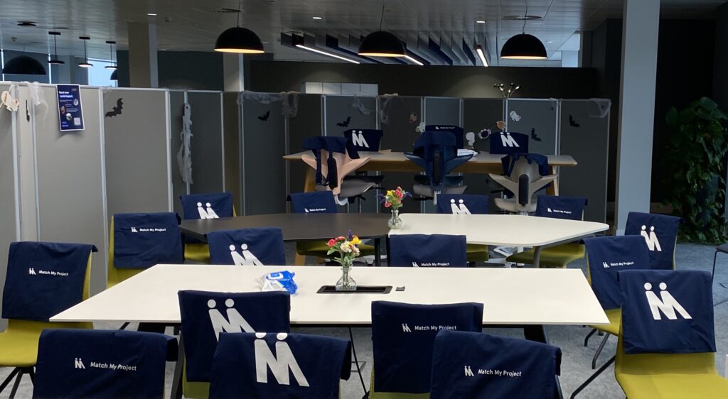 Thirteen Group launch event in Middlesbrough. The photo shows a conference room prepared for attendees, with Match My Project tote bags placed on each chair.