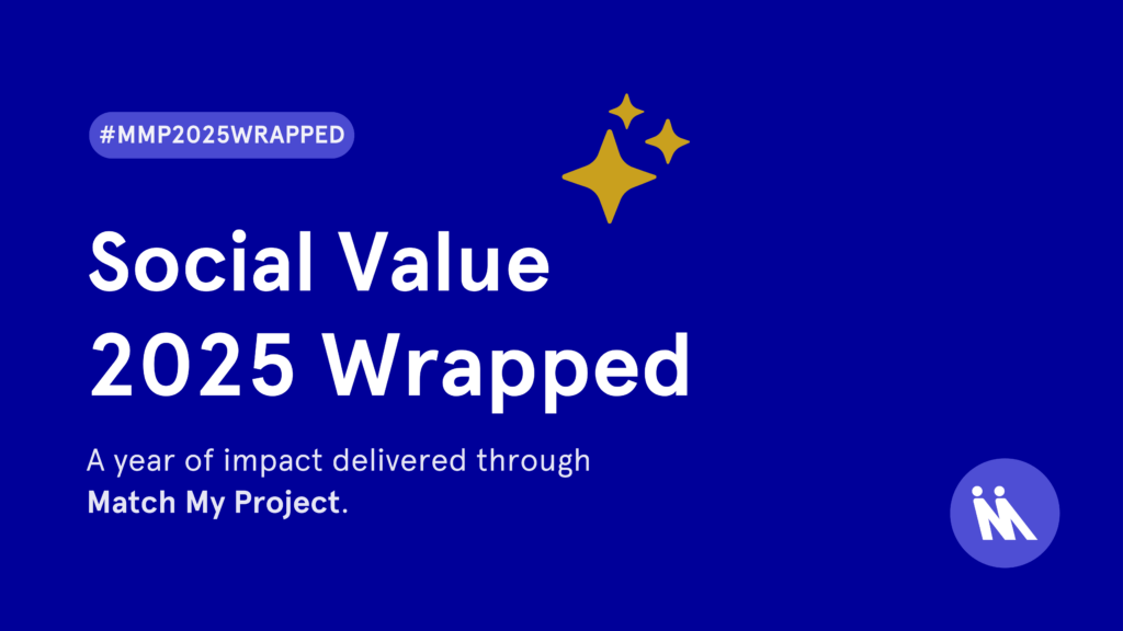 Match My Project 2025 Wrapped: Blue graphic with the text ‘Social Value 2025 Wrapped’ and ‘A year of impact delivered through Match My Project.’ Decorative yellow star icons appear in the top right, the Match My Project ‘M’ logo is in the bottom right, and the hashtag ‘#MMP2025WRAPPED’ is shown near the bottom