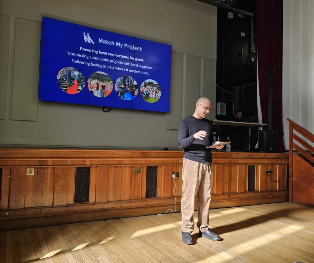 CEO and co-founder of Match My Project introduces the platform at the Social Value Lambeth launch at Lambeth Town Hall.