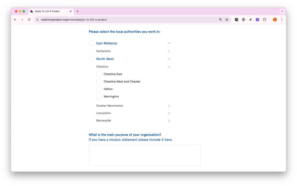 Screenshot: a list of locations covered by each authority is shown on their community signup form.