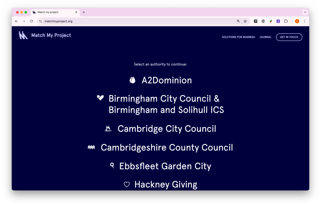 Screenshot: Match My Project homepage
