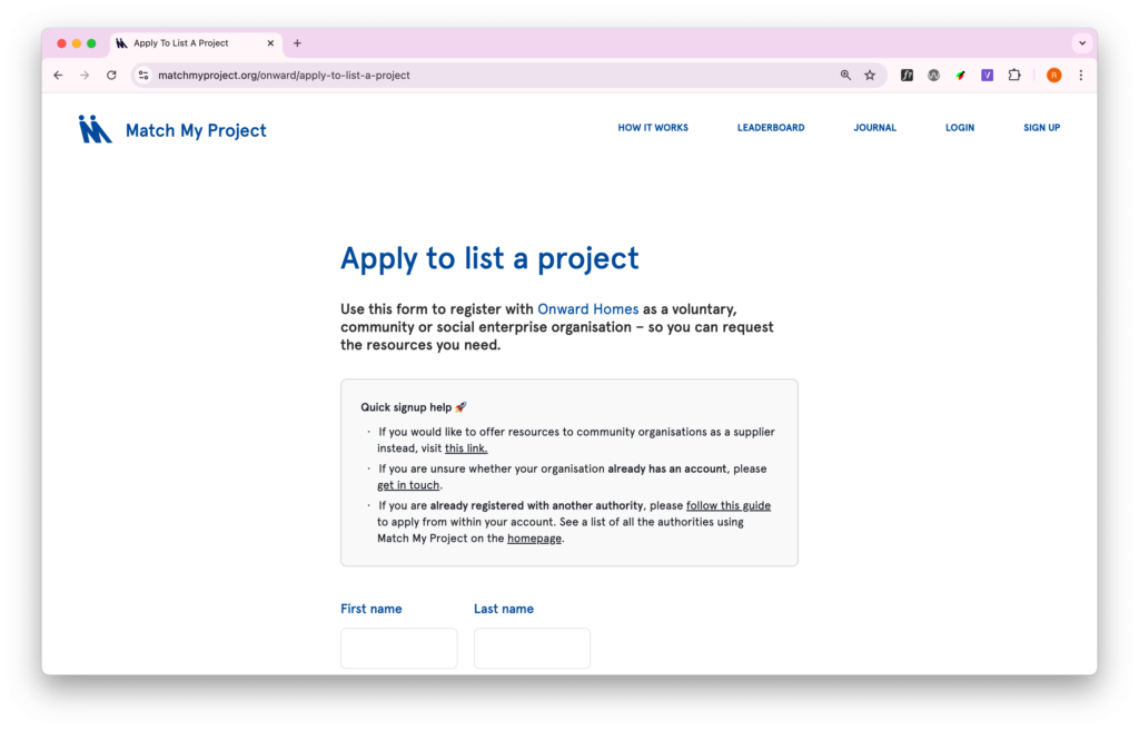 Screenshot: community signup form