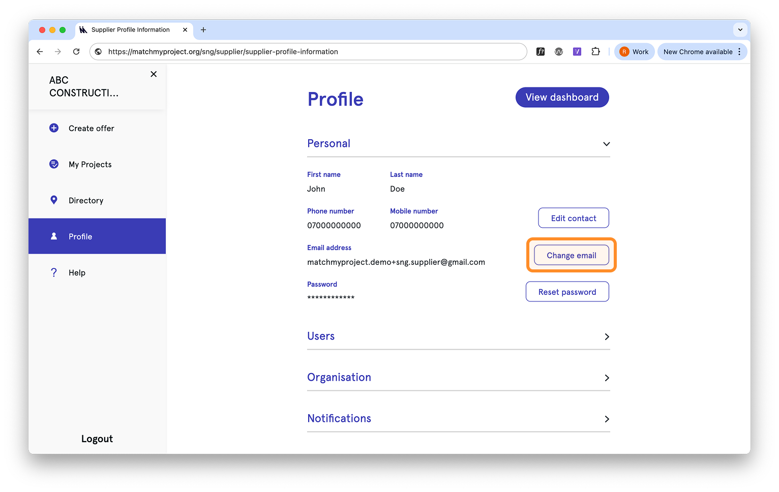 Screenshot of the profile page and change email button