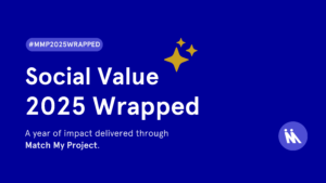 Match My Project 2025 Wrapped: Blue graphic with the text ‘Social Value 2025 Wrapped’ and ‘A year of impact delivered through Match My Project.’ Decorative yellow star icons appear in the top right, the Match My Project ‘M’ logo is in the bottom right, and the hashtag ‘#MMP2025WRAPPED’ is shown near the bottom